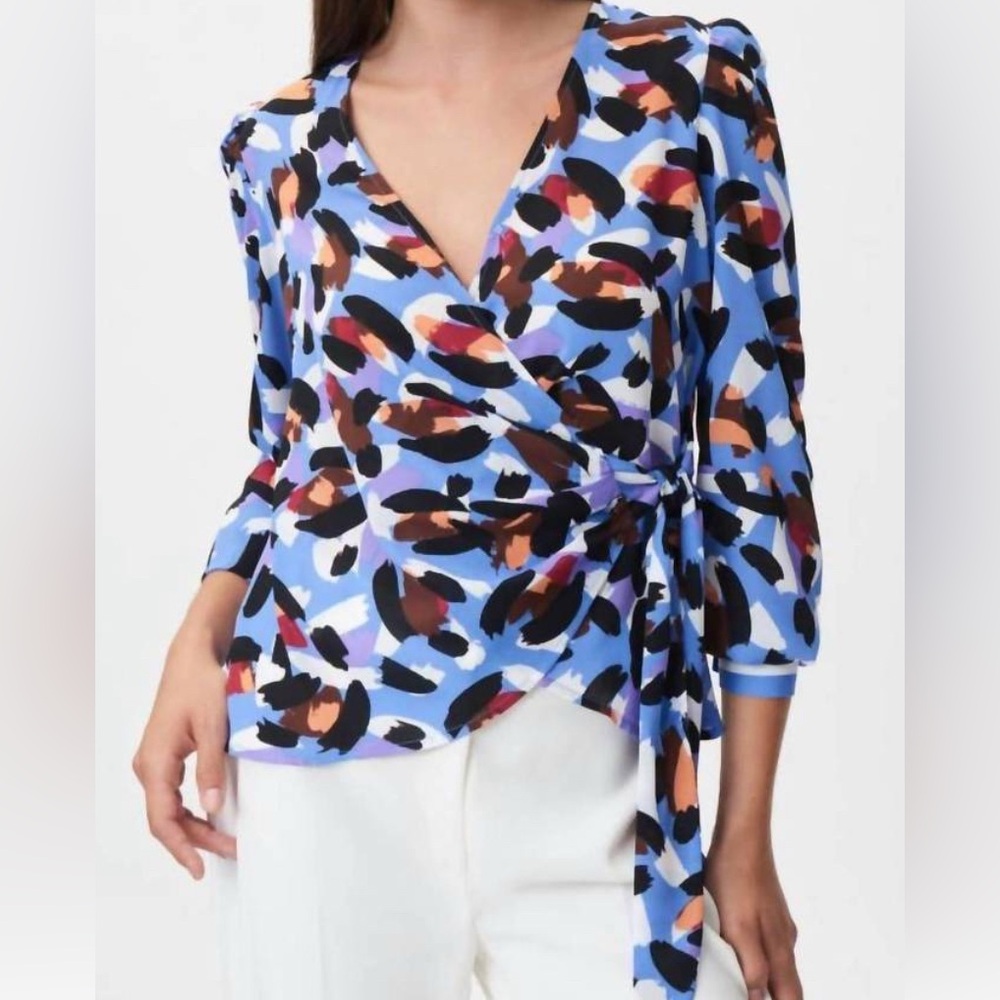 JOSEPH RIBKOFF Wrap Top Shirt Brushsroke Side Tie Blouse Abstract Print Sz 14